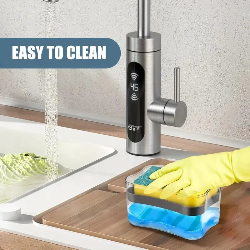 Automatic Dish Soap Dispenser, Battery-Free, Manual Pump, Commercial Kitchen Dishwashing Station, Sponge Holder with Liquid Soap