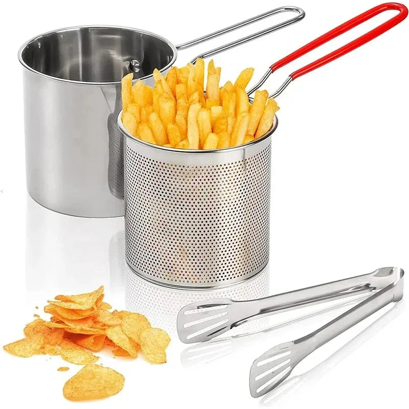 304 Stainless Steel Mini Deep Fryer Pot with Silicone Handle and Removable Basket for Tempura, Chips, Fries, and Fish