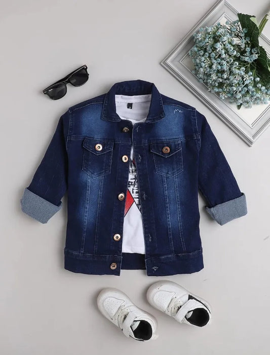 Casual Kids Denim Jacket with Rolled-Up Sleeves, Front Flap Pockets, and Stylish Look