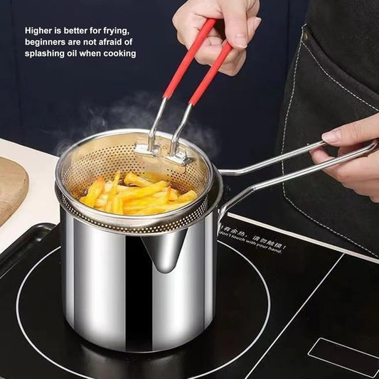 304 Stainless Steel Mini Deep Fryer Pot with Silicone Handle and Removable Basket for Tempura, Chips, Fries, and Fish